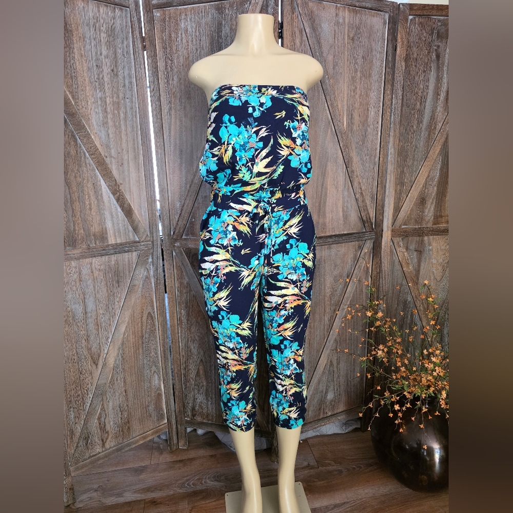 Mudd Strapless Floral Jumpsuit - Blue and Green